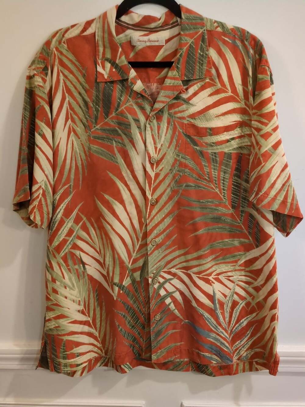 Tommy Bahama Silk Palm Leaf Camp Shirt Orange Green Size XL